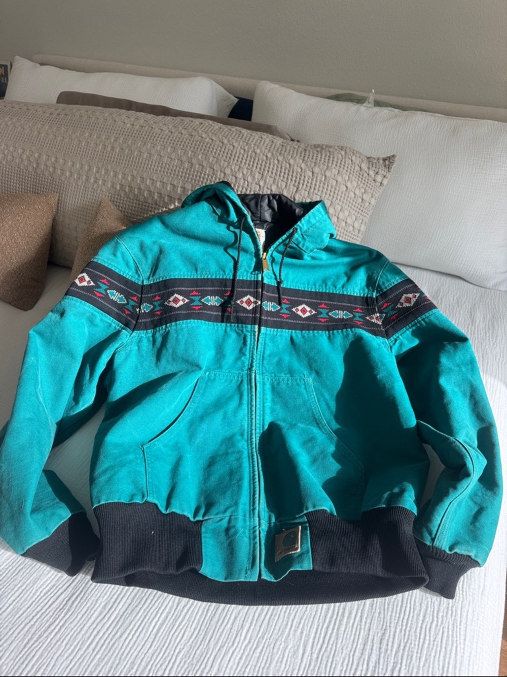 Vintage Carhartt Aztec Jacket Teal Quilted Lined Hoodie Southwest USA Rare L